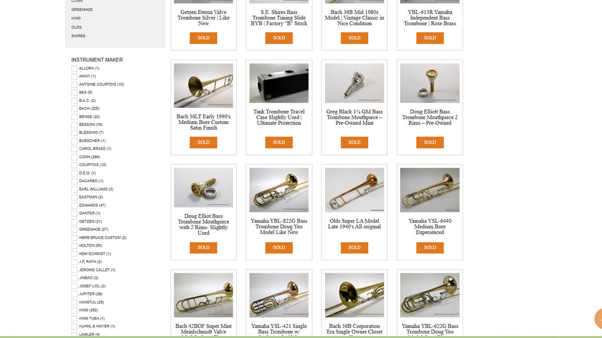 The Archive of Sold Trombones at The Brass Exchange – used by collectors, sellers, and players to research instrument value and historical models.