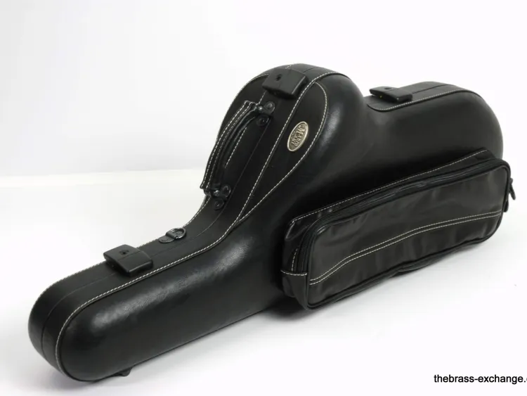 Marco Magi Royal Line Tenor Sax Case in Black Leather – Full Shaped-Shell View with Exterior Accessory Pocket and White Accent Stitching