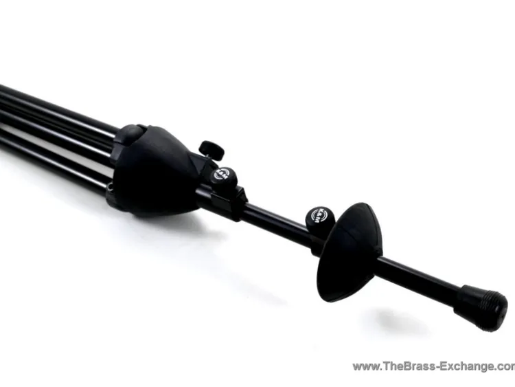 Close-up of the K&M 14885 folding trombone stand, showing German-made adjustment knobs