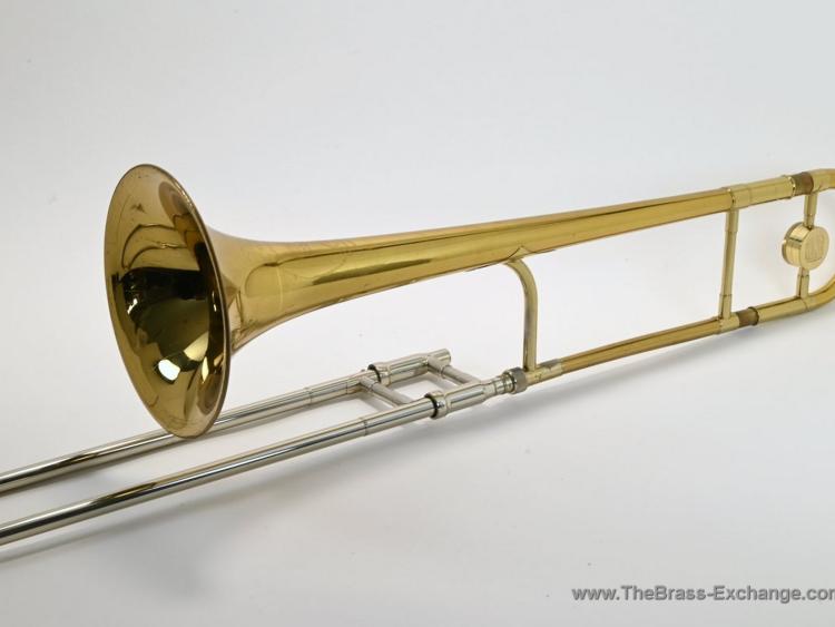 King 2B Liberty trombone, mid-1970s model, fully assembled angled view showing bell opening and original lacquer finish
