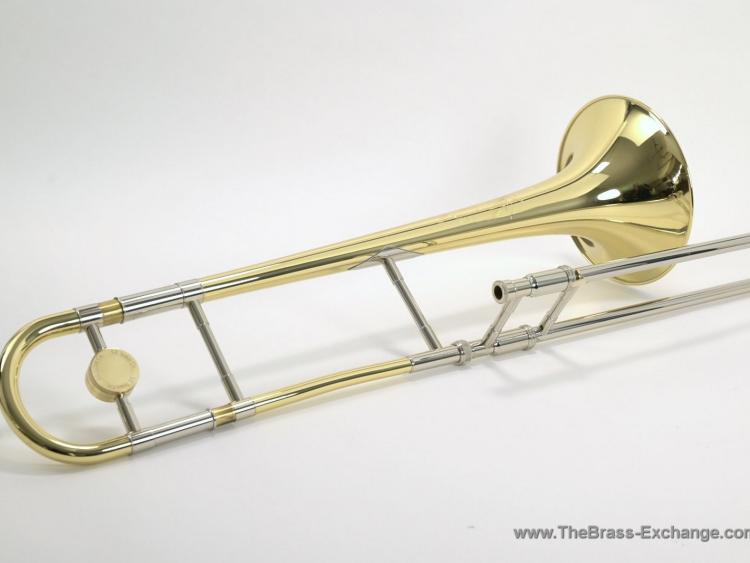 S.E. Shires Q33 small bore trombone showing yellow brass bell section and .508 handslide – SN Q18091