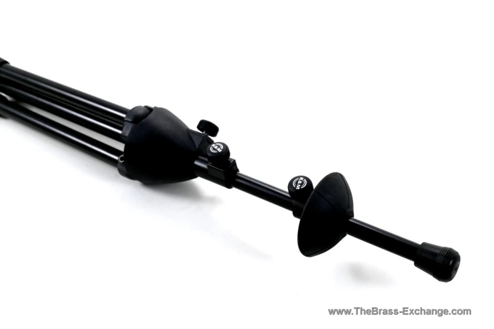 Close-up of the K&M 14885 folding trombone stand, showing German-made adjustment knobs