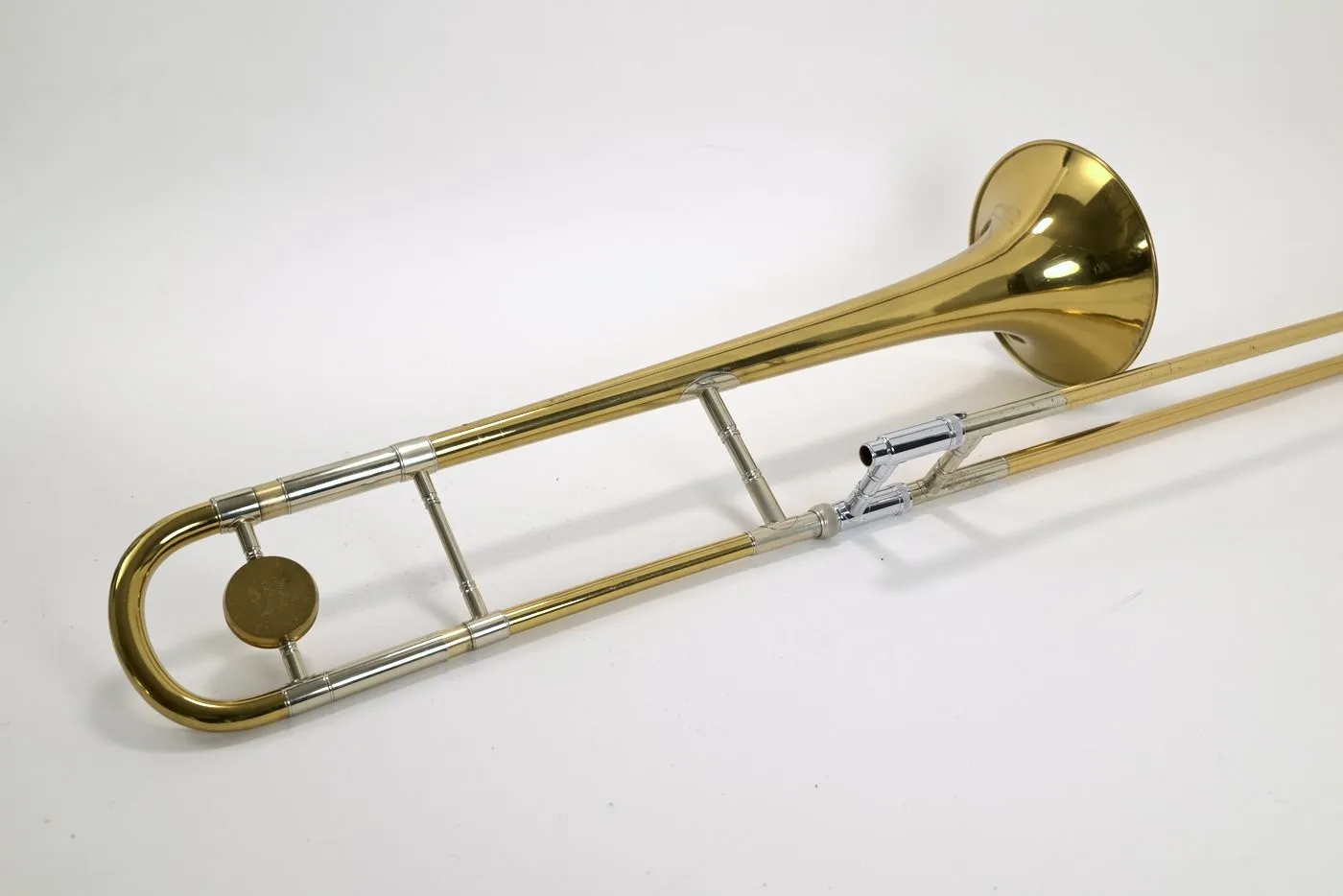 1939 Conn 32H Burkle trombone showing bell section, tuning slide, round counterweight, and handslide connection