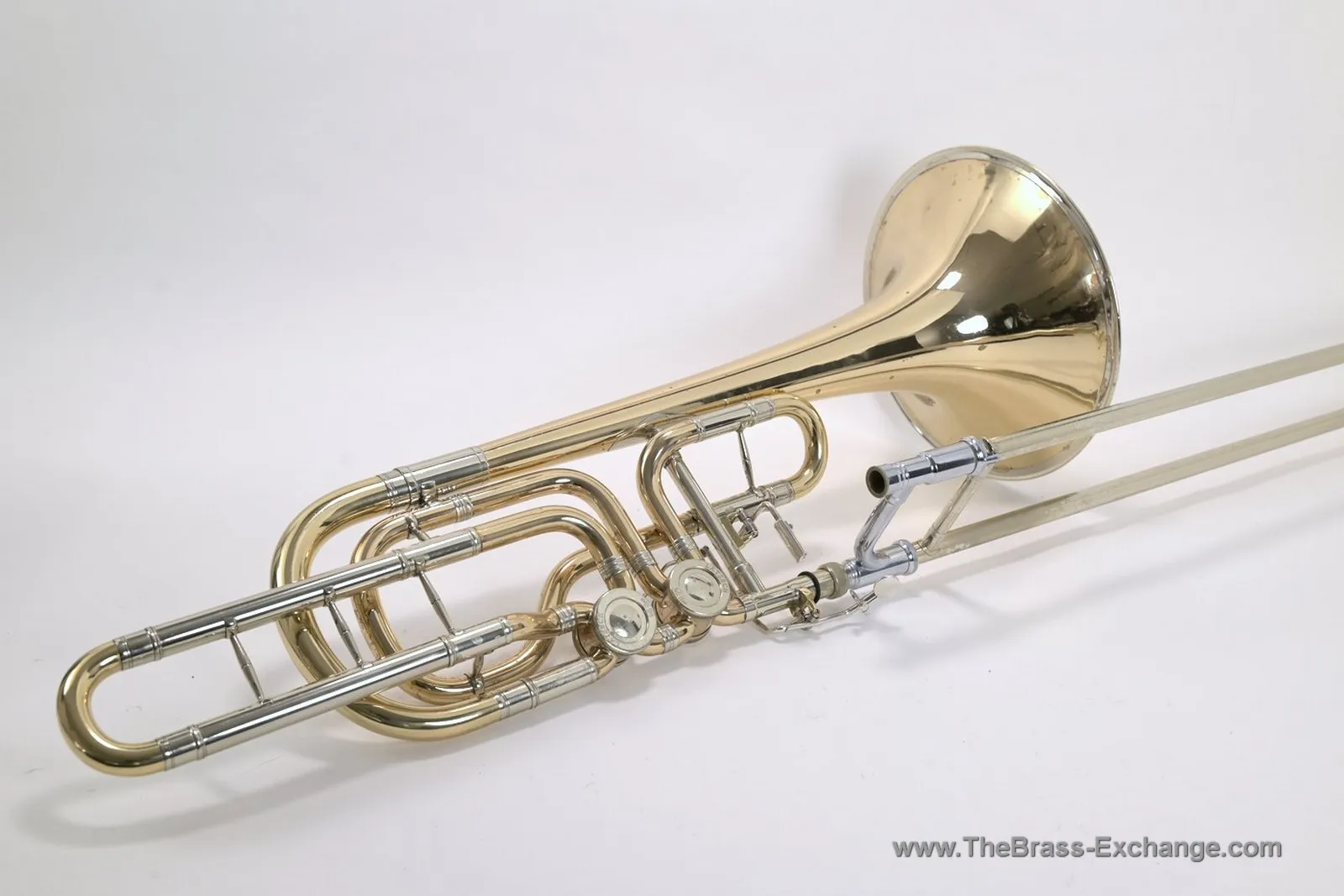 Lätzsch Cieslik model bass trombone showing dual rotary valves and tuning slides